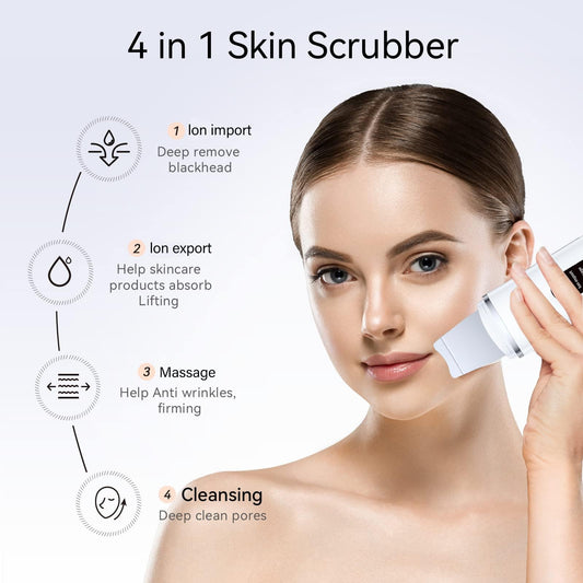 Ultrasonic facial scrubber held on cheek, white spatula head and smooth body