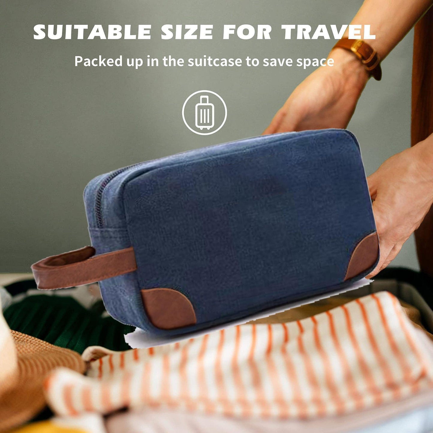 Blue canvas toiletry bag with brown trim, placed on suitcase for travel packing