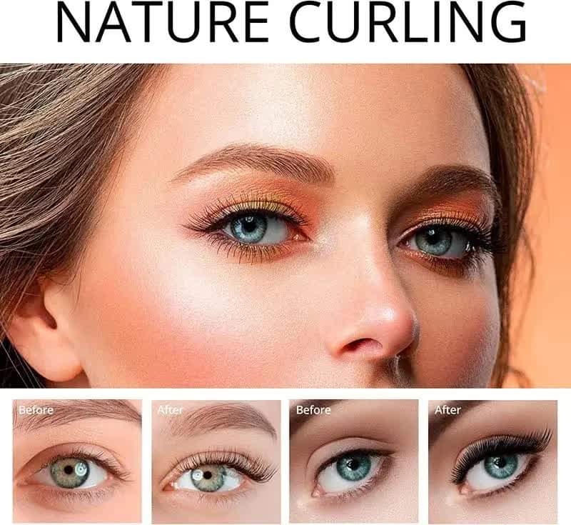 Close-up of curled lashes with before and after comparison