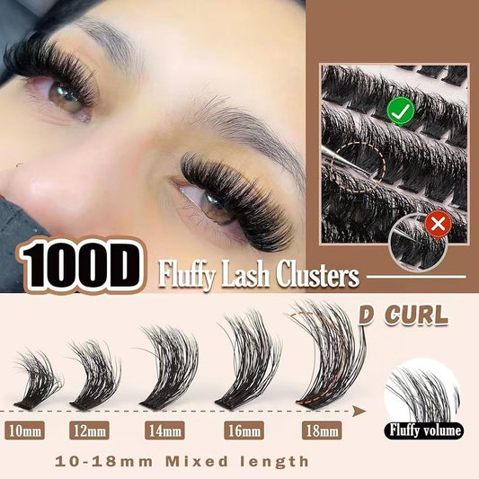 Mixed-length black D-curl lash clusters showing 10, 12, 14, 16, 18mm curls