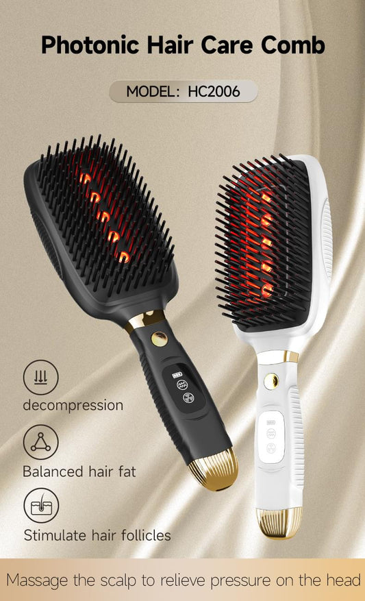 Dual hair care comb set: black and white combs with glowing red LED teeth