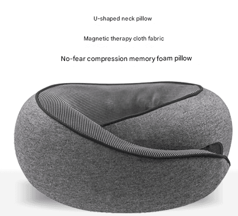 Dark gray U-shaped neck pillow with textured trim and carry strap, front angle