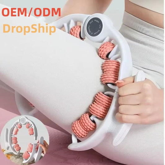 360 degree leg roller massager on leg, white clamp with pink spiked rollers