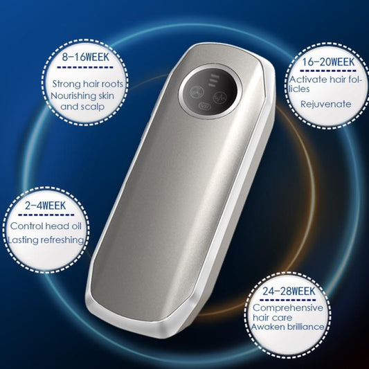 Electric scalp massage comb, silver handheld body with circular control buttons.