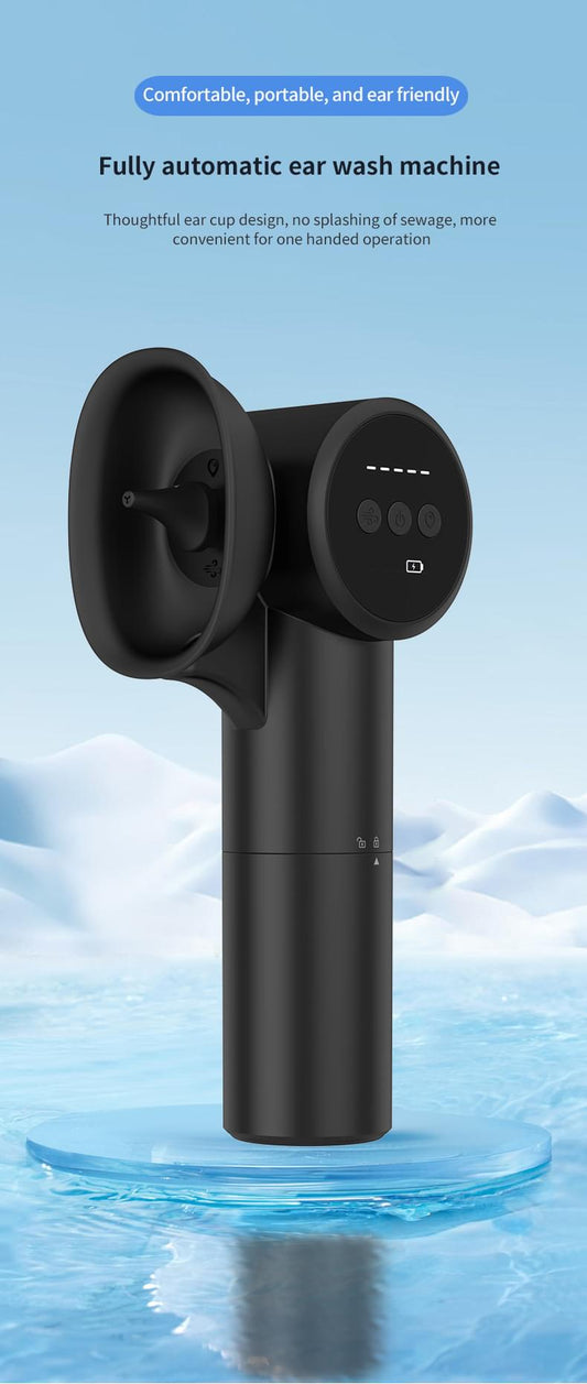 Black automatic ear wax removal device with ear nozzle and round control panel