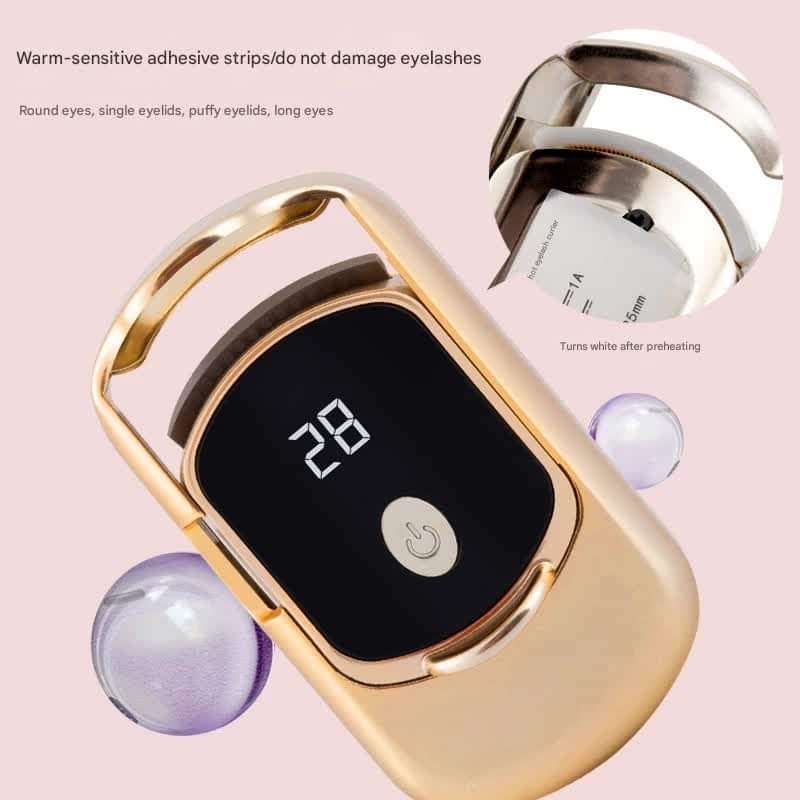 Gold heated eyelash curler with open plate and LED temperature readout