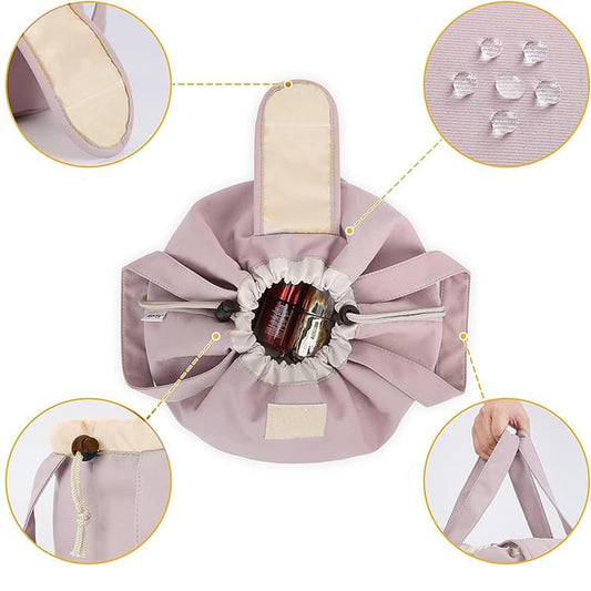 Mauve drawstring makeup bag with ruffled top and small front pocket