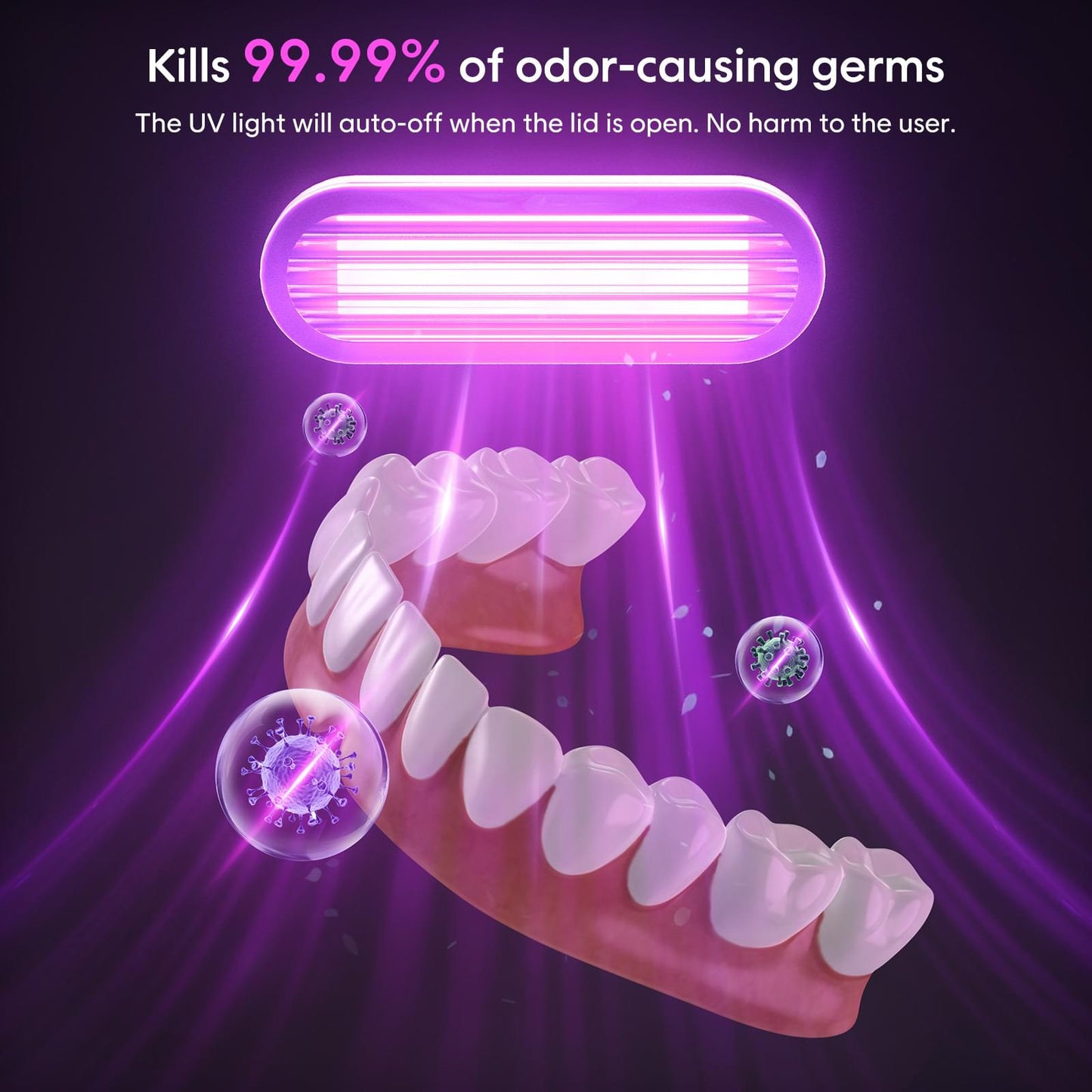 UV-lit ultrasonic denture cleaning chamber with glowing purple light inside
