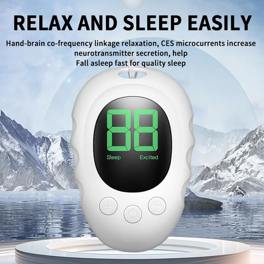 White handheld microcurrent sleep aid device with green LED display and buttons