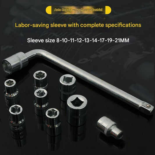 Chrome L-shaped wrench with metric socket heads and a socket extension