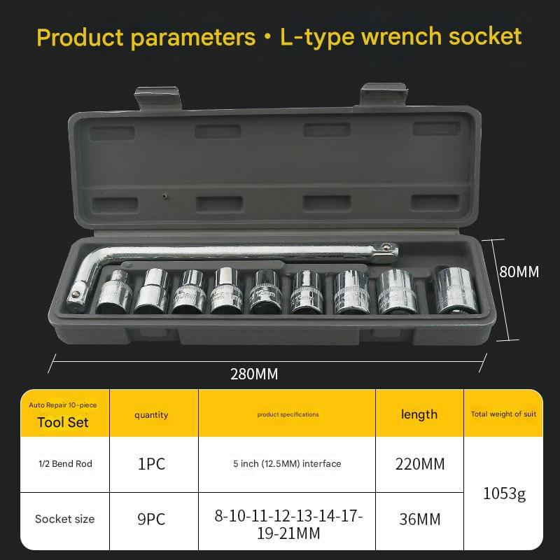 Open gray socket wrench case with chrome metric sockets and L-shaped wrench
