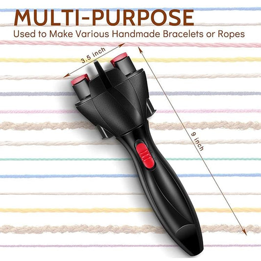 Black automatic hair braiding tool angled view with red button and multi-prong head