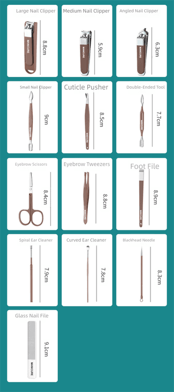 Manicure tool set lineup with nail clippers, cutters, tweezers, needles, and files