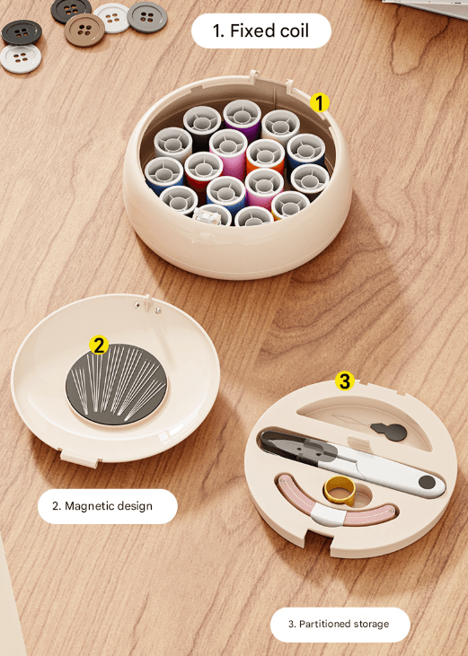 Beige sewing kit organizer with open lid, magnetic needle holder, and partitioned storage slots