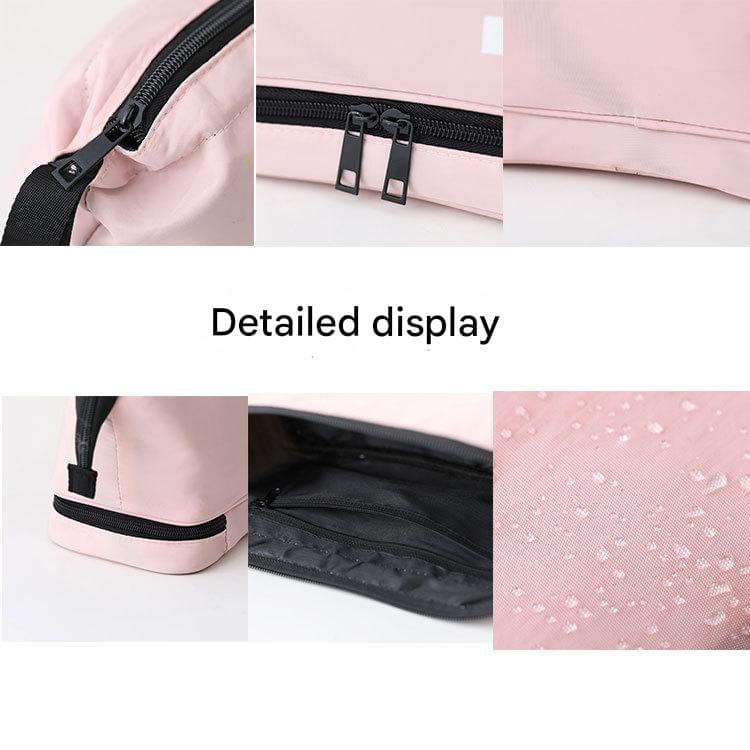 Pink toiletry bag detail with black zipper, zip pulls, and interior lining