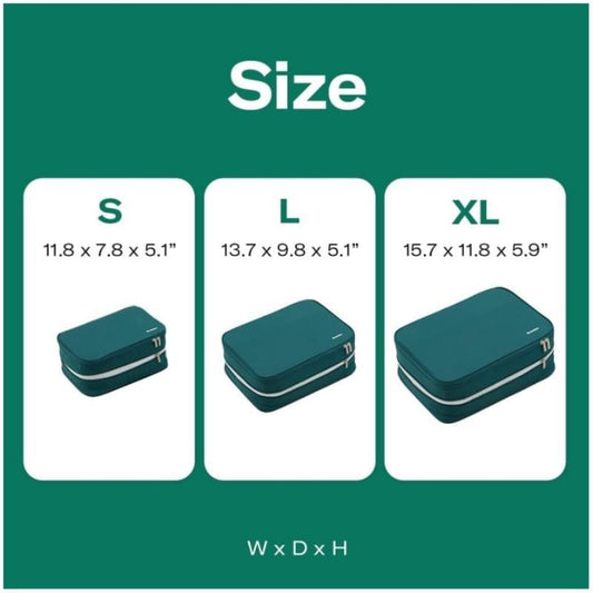 Teal expandable packing cube with size labels S, L, XL