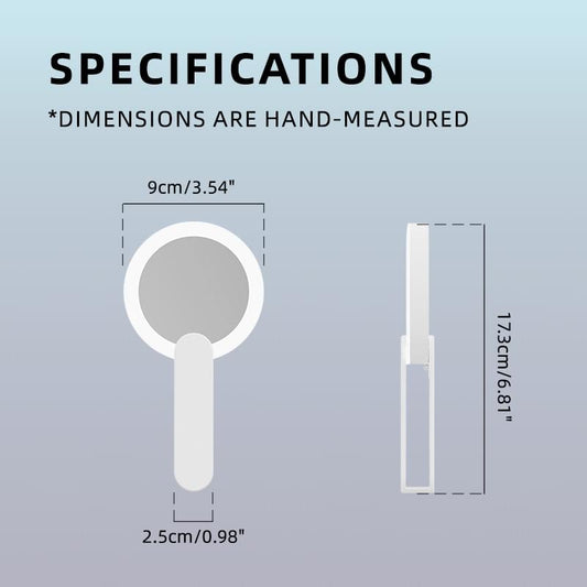 Round lighted LED makeup mirror with white handle, shown in front and side views