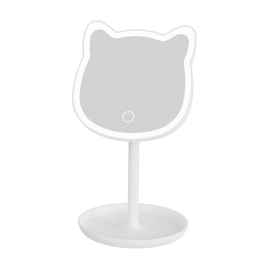 Cat ear LED makeup mirror with white frame and round base, front view