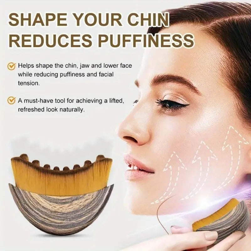 Two-piece Facial Contour and Massage Brush with Storage Case - Soft High-Density Bristles for Face Neck & Lymphatic Care - Portable Ergonomic Design (Wood Pattern)