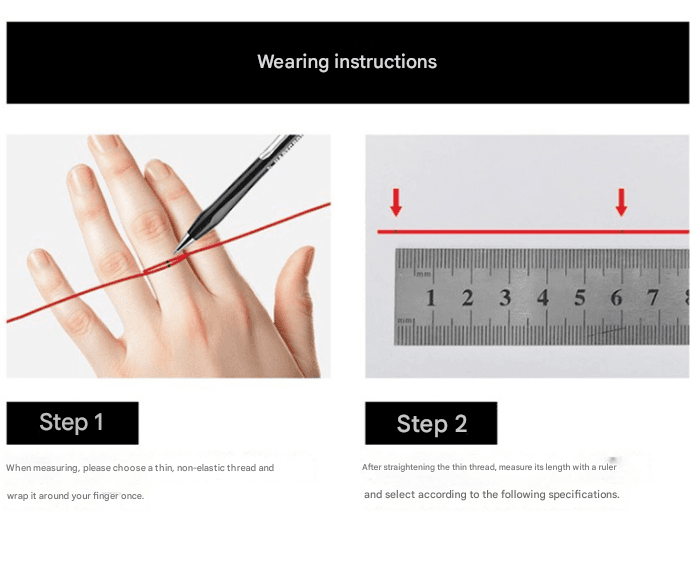 Ring size measuring instructions with thread and ruler steps