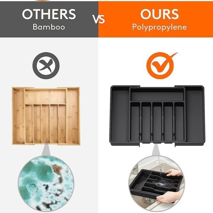 Retractable cutlery tray made of polypropylene with black divider slots