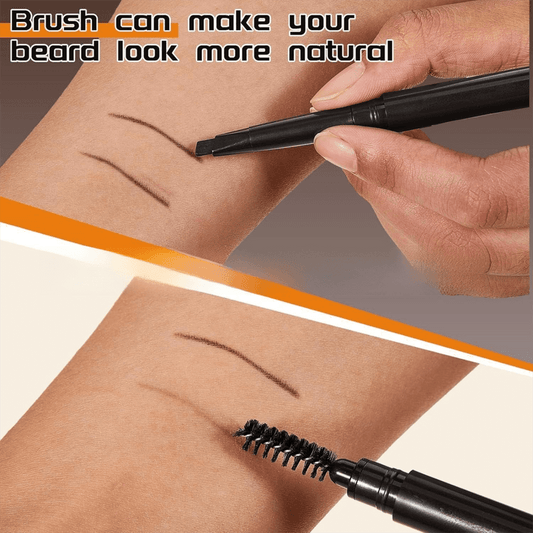 Beard filler pen tracing light brown beard line with precision tip and attached brush.