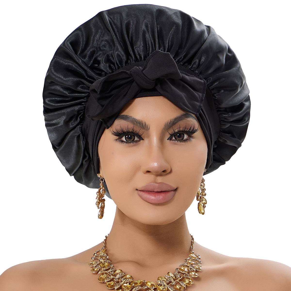 Black satin sleep bonnet with front bow and gathered crown
