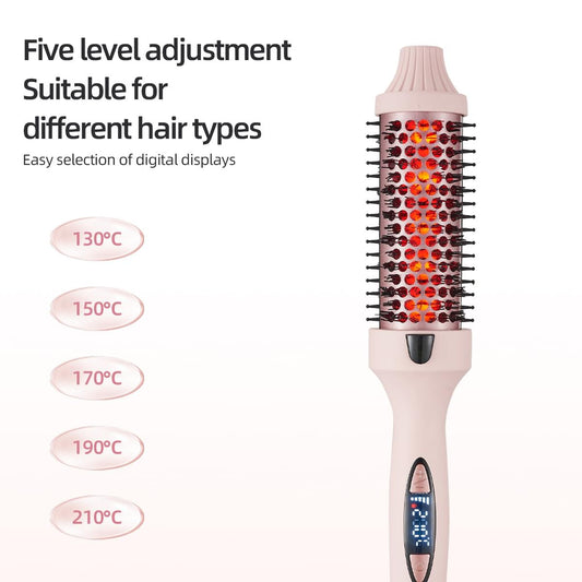 Pink hair straightening and curling brush with red ceramic roller and digital panel