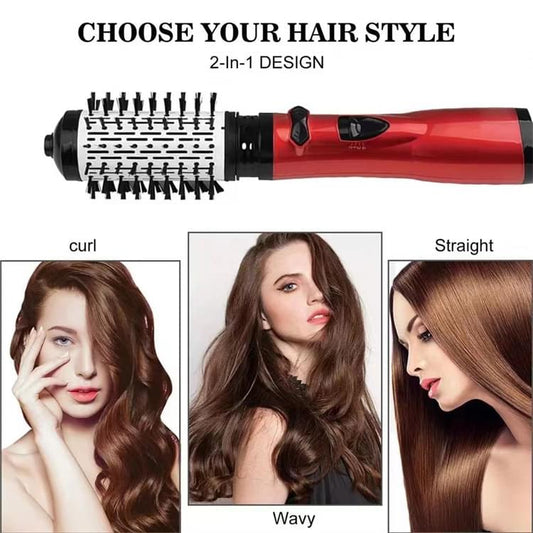 Red rotating hot air styler with bristle brush barrel for curl, wave, or straight