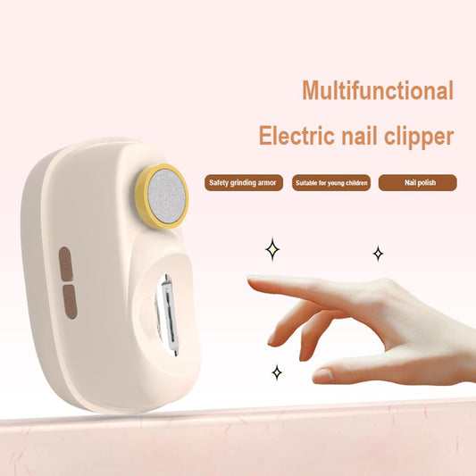 Cream electric nail clipper with yellow sanding disc and metal trimming slot