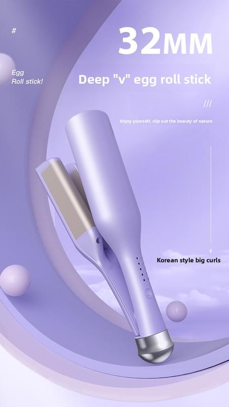 Purple 32mm egg-roll hair waver iron with deep V barrel
