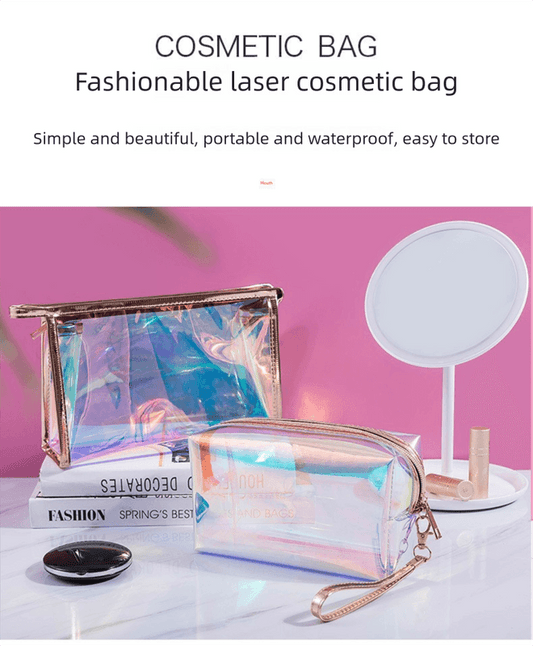 Iridescent holographic zip coin purses with gold keychains, clear TPU