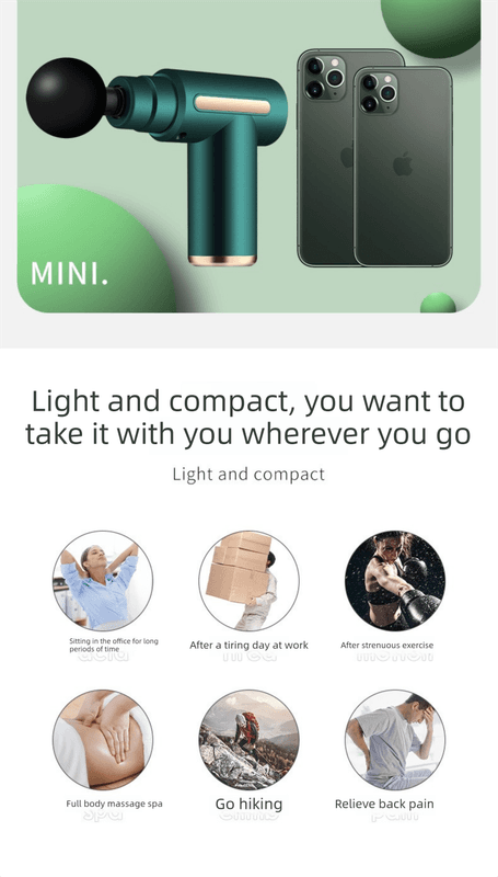 Green mini massage gun beside smartphones, showing compact handheld design