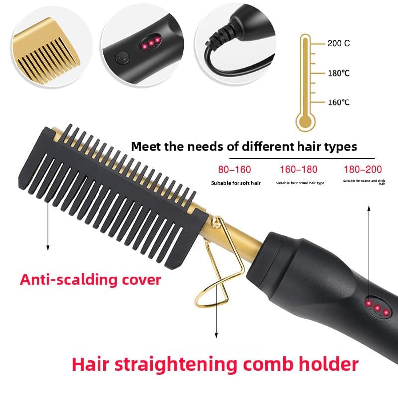 Hot hair comb straightener with gold teeth, anti-scald cover, and black handle