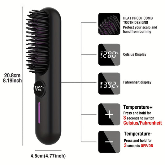 Black cordless hair straightener brush with purple bristle comb and LED temperature panel