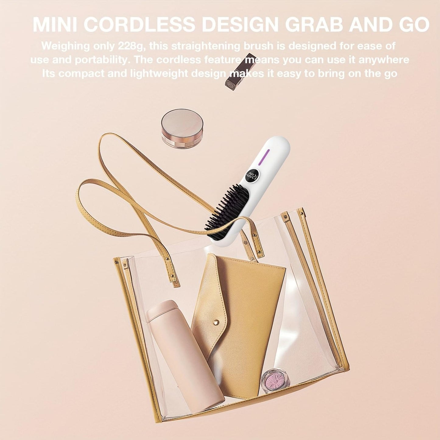Compact cordless hair straightener brush with travel pouch for on-the-go styling