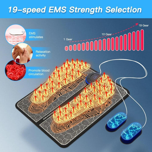 EMS foot massager mat with blue pulse display remote and controller wires