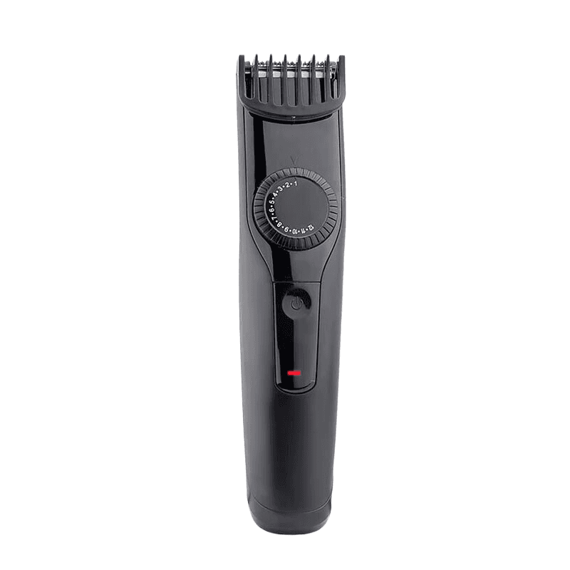 Rechargeable hair trimmer, dark gray with adjustable length dial and guard