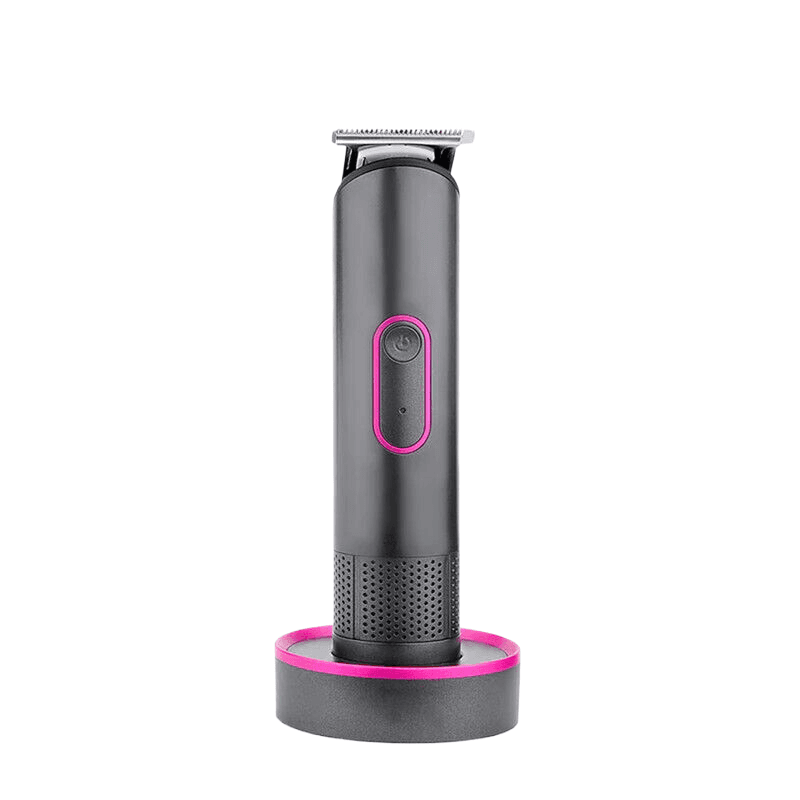 Rechargeable hair trimmer with pink LED power button on black charging base