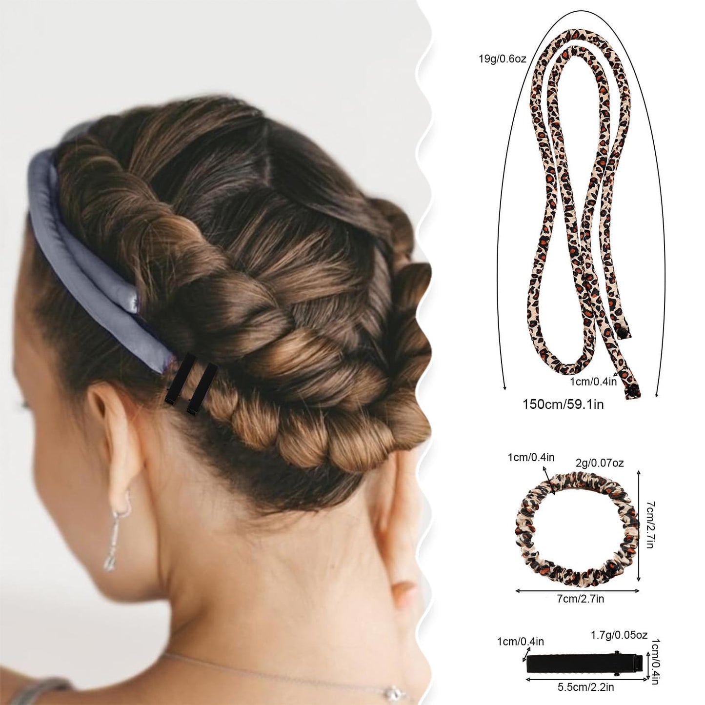 Leopard print heatless hair curler ribbon set with size measurements