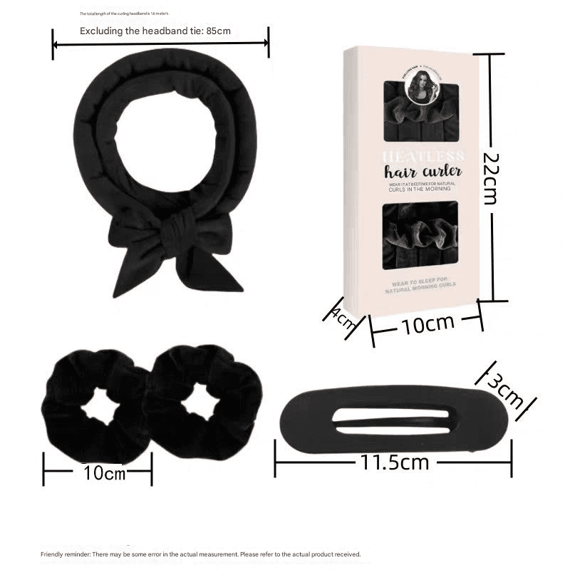 Black heatless hair curler set with bow, two scrunchies, and clip with sizing