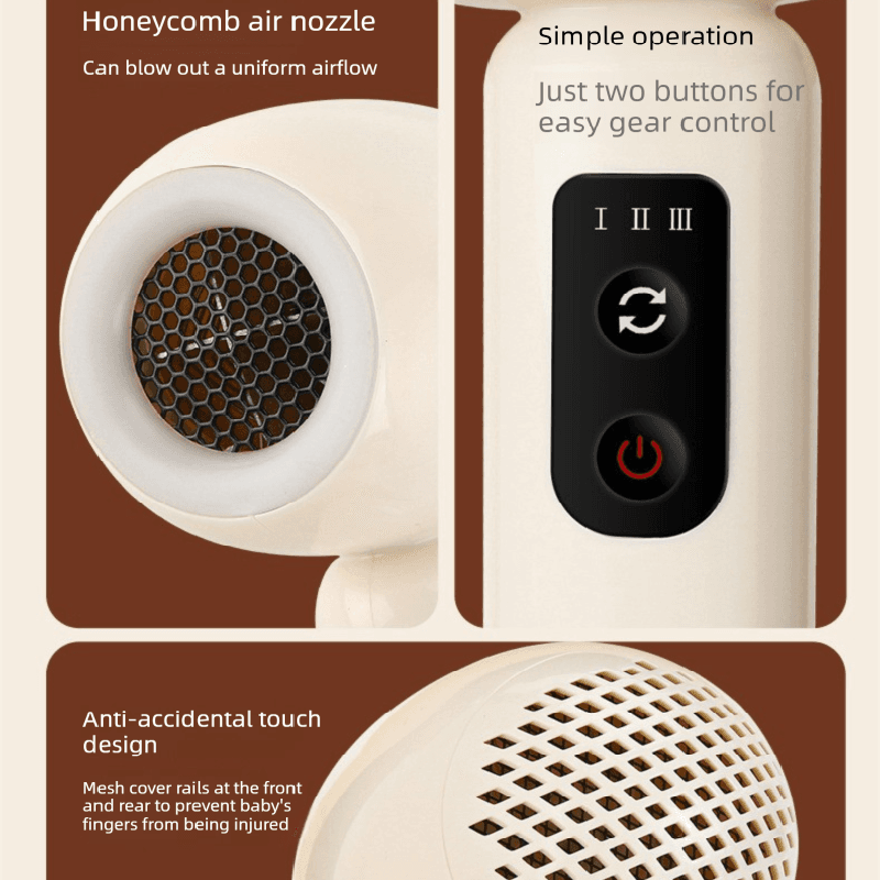 Baby hair dryer honeycomb nozzle with black control buttons for air levels