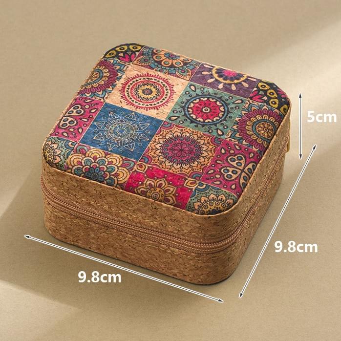 Brown sewing kit pouch with multicolor patchwork top and front zipper, compact size