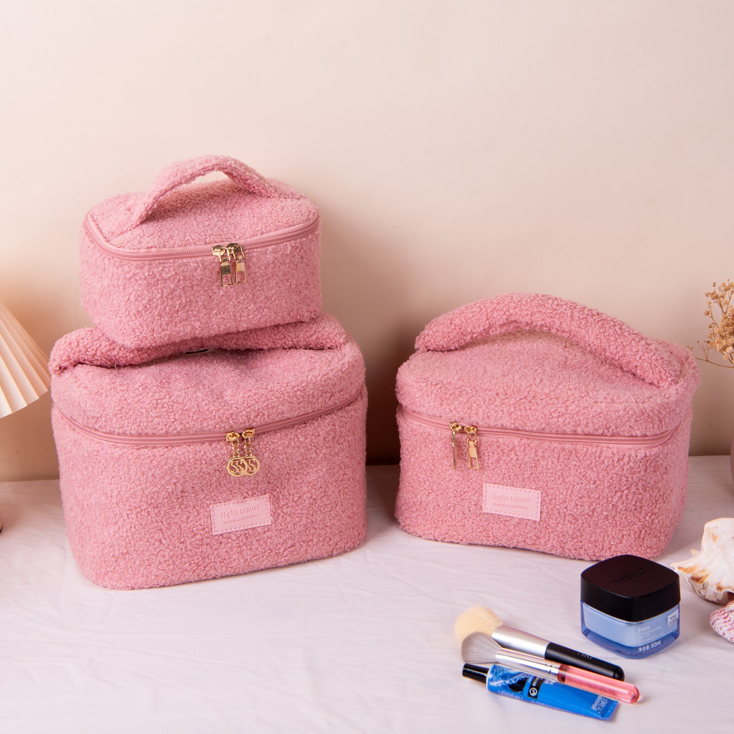 Medium Pink Teddy Fleece Cosmetic Pouch - Soft Sherpa Flat Makeup Bag & Travel Clutch - Multi-purpose Organiser (26cm x 18cm)
