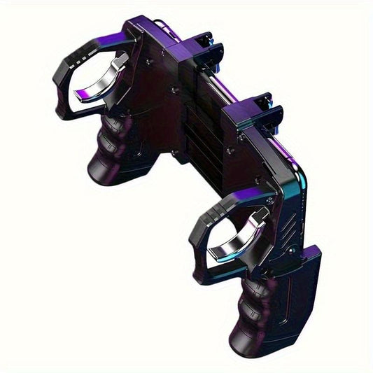 Black mobile game controller with purple accents, dual shoulder triggers, ergonomic grips