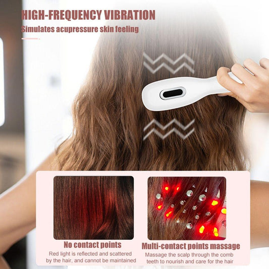White scalp massage comb brushing hair with prongs and long handle