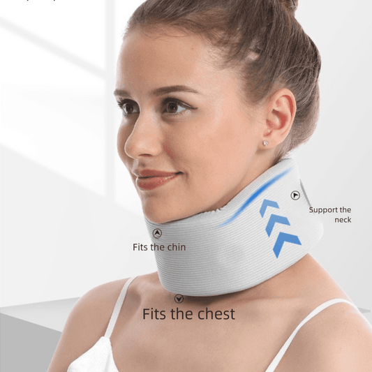 Neck support brace in light gray, cushioning for chin and chest