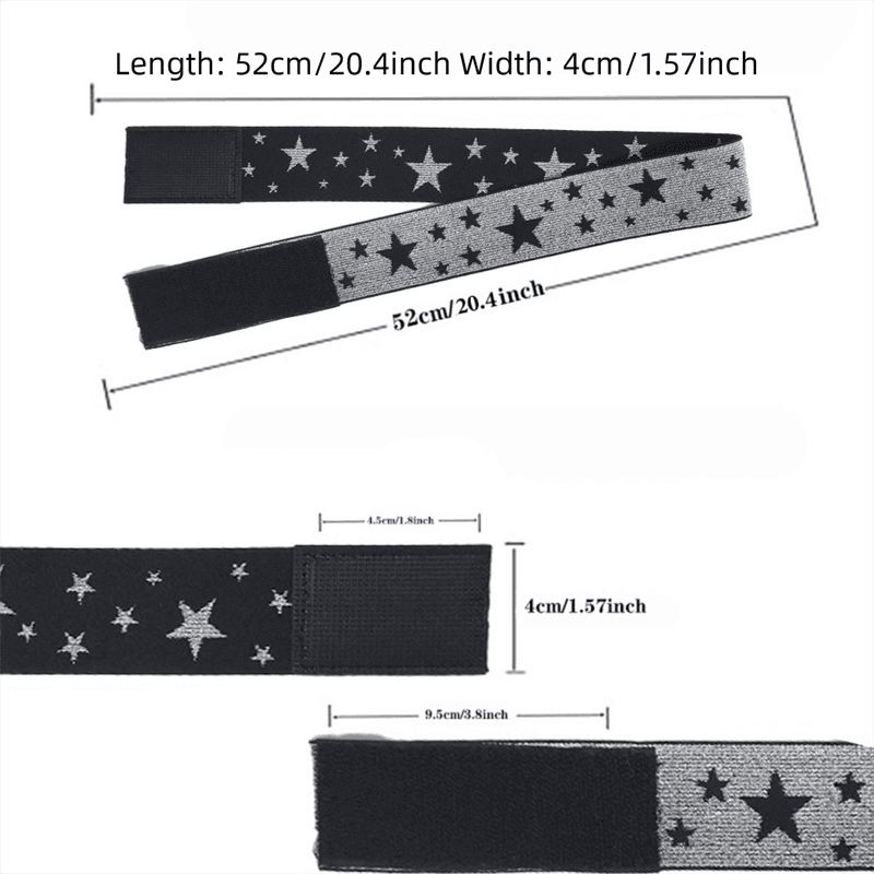 Adjustable wig grip band, black with star print and center patch; 52cm x 4cm