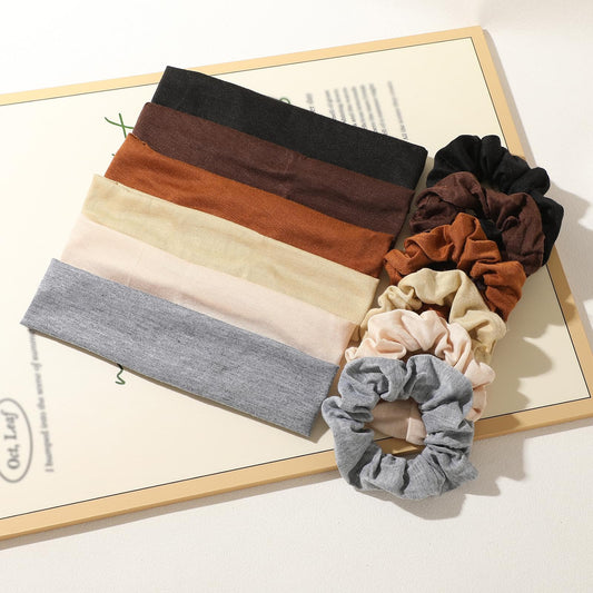 Hair accessory set with scrunchies in black, brown, cream, and gray with matching headbands