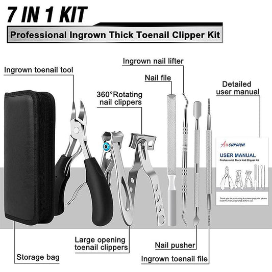 Ingrown toenail tool kit with stainless tools and black storage bag